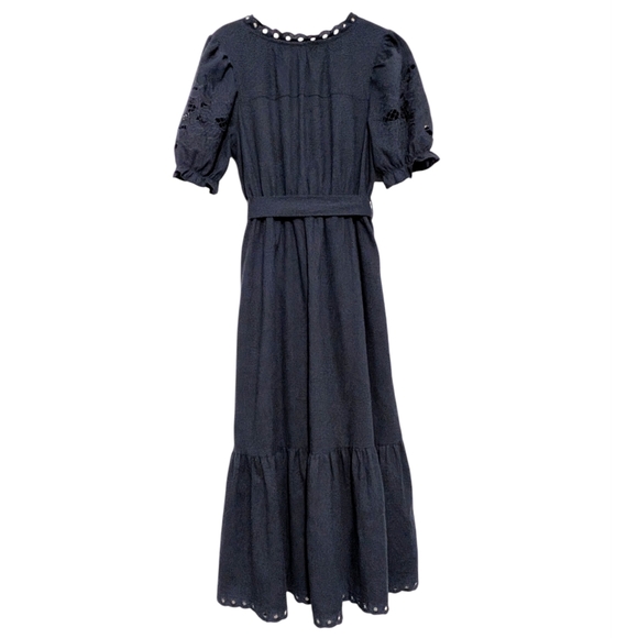 Moon River Navy Eyelet Puff-Sleeve Tie-Waist Maxi Dress - Picture 3 of 8